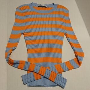 Zara  Womens Long Sleeve Stretchable Blue Orange Striped TOP Size Large Sweater